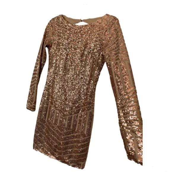 Latiste Sequin Rose Gold Dress Size Small Open Back Long Sleeve Glam Party Fairy - Picture 2 of 6